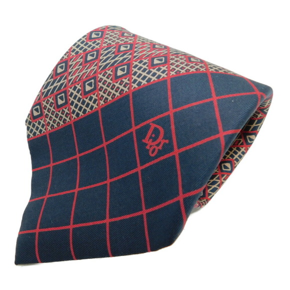 Christian Dior Necktie Silk Red Navy Blue - Picture 1 of 6